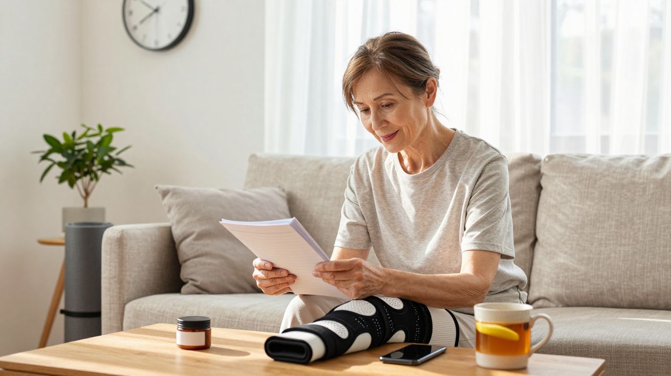 Mulher idosa sentada no sofá, lendo papéis, com uma perna enfaixada, chá e planta na mesa.