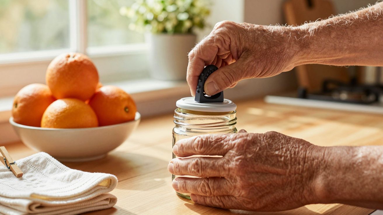 Mãos de idoso a abrir um frasco com uma ferramenta numa cozinha, com laranjas e toalhas ao fundo.