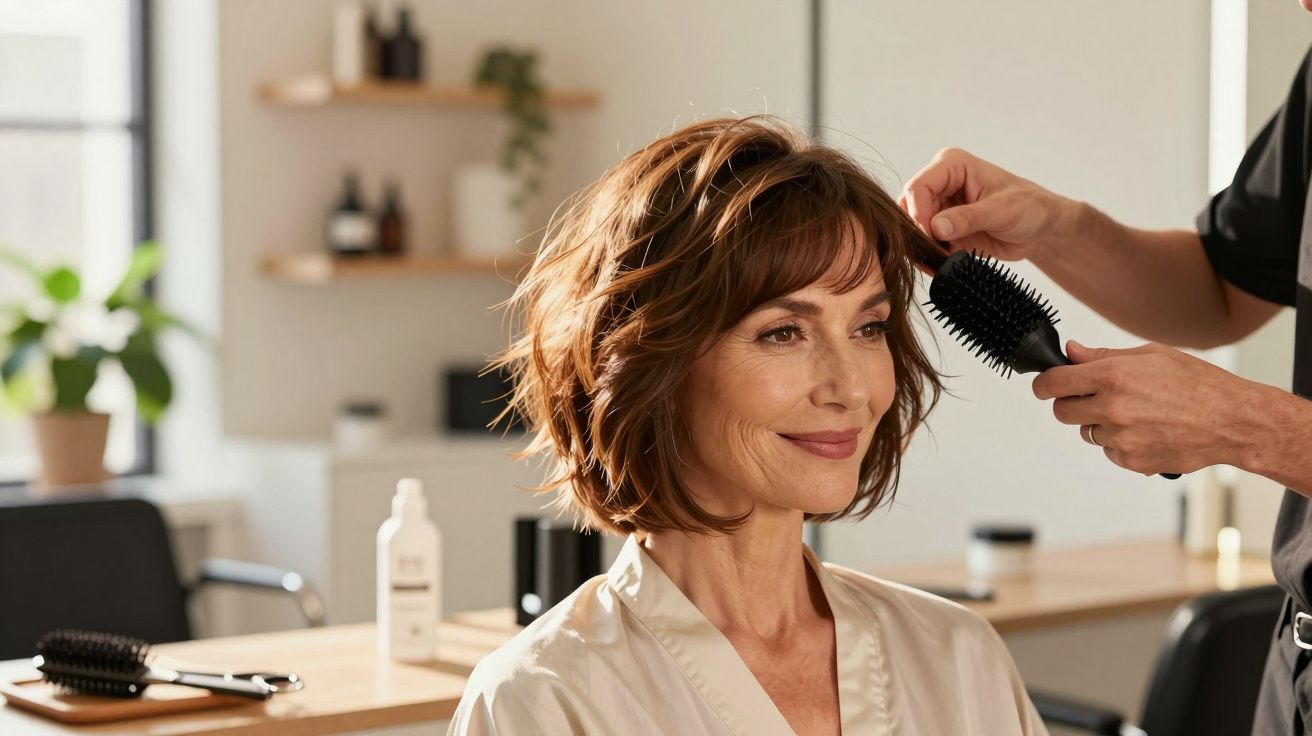 Mulher de cabelo curto castanho a ser penteada num salão de cabeleireiro iluminado.