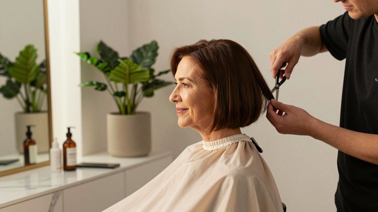 Mulher sorrindo recebe corte de cabelo em salão; plantas e produtos ao fundo.