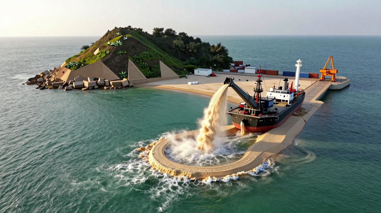 Navio de dragagem despejando areia num cais circular, ao lado de uma pequena ilha verdejante no oceano.