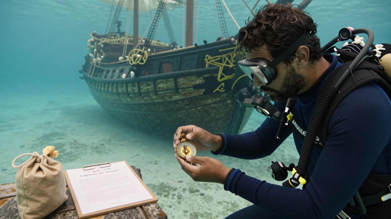 Mergulhador subaquático examina uma bússola perto de um navio pirata afundado, com prancheta e saco ao lado.