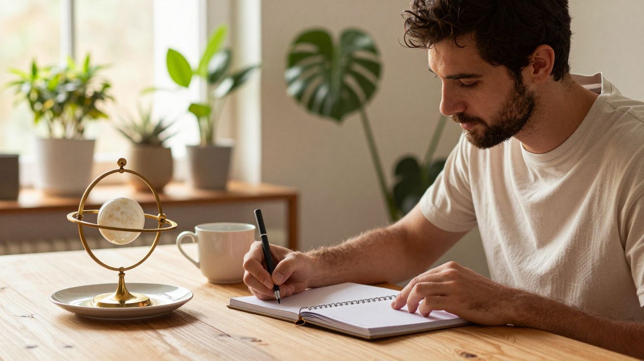 Homem escreve num caderno numa mesa de madeira, cercado por plantas e com um globo decorativo ao lado.