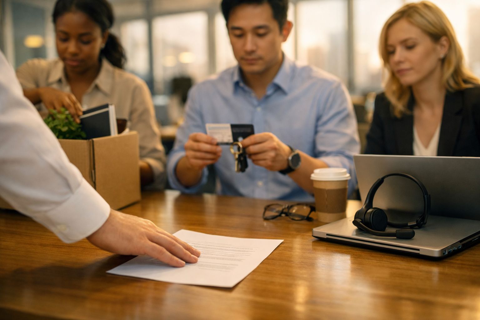 Mulher a discutir num escritório, com caixa identificada como "desocupação" na mesa, rodeada por colegas.