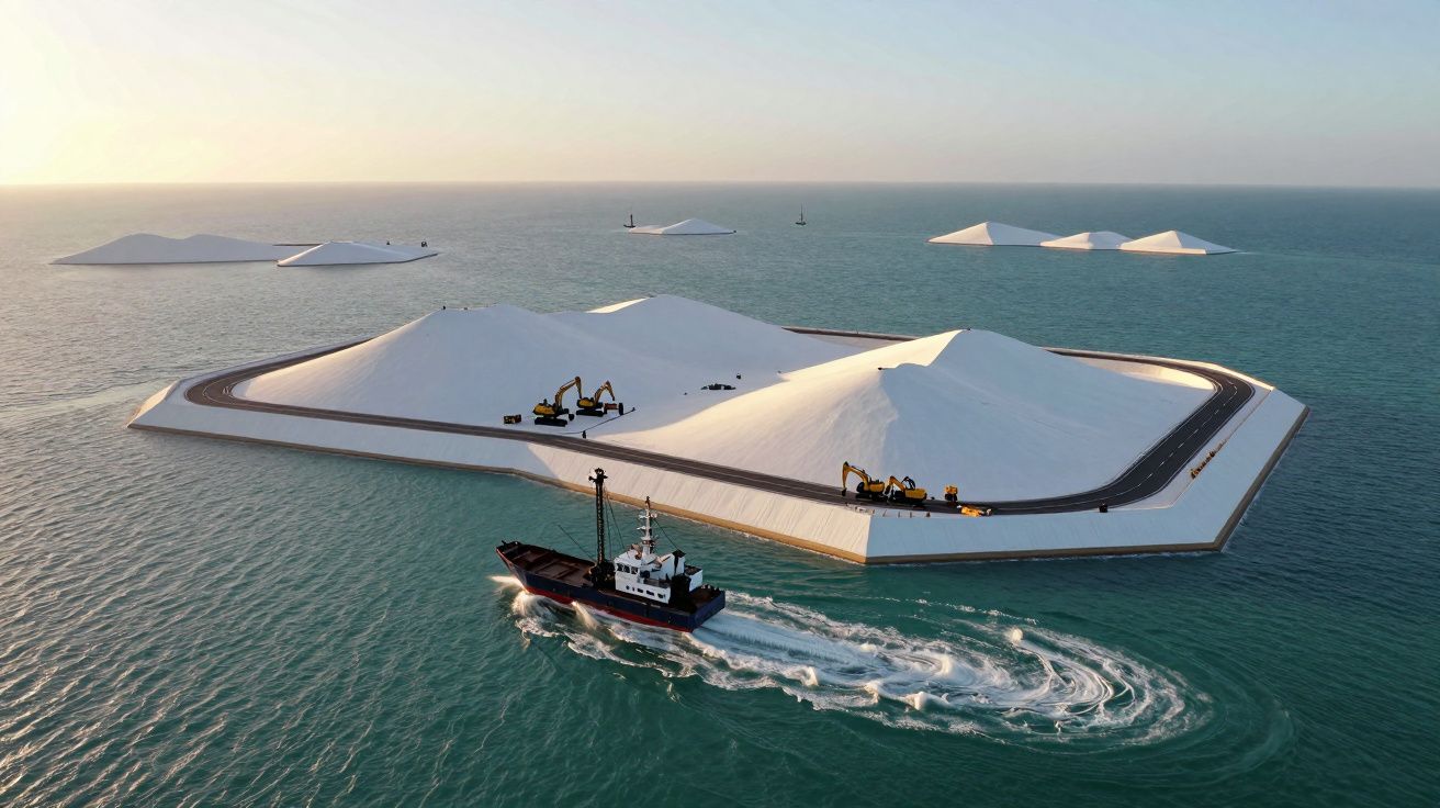 Ilha artificial com estrada e escavadoras, cercada por mar calmo; barco patrulha nas proximidades.