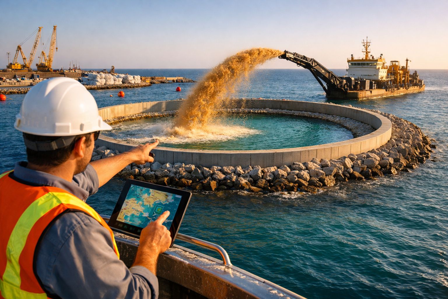 Ilha artificial triangular com guindaste e maquinaria rodeada por três barcos no oceano.
