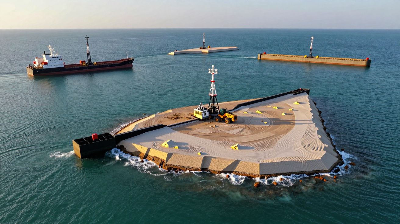 Ilha artificial triangular com guindaste e veículos, cercada por quebra-mares e navios ao fundo no mar calmo.