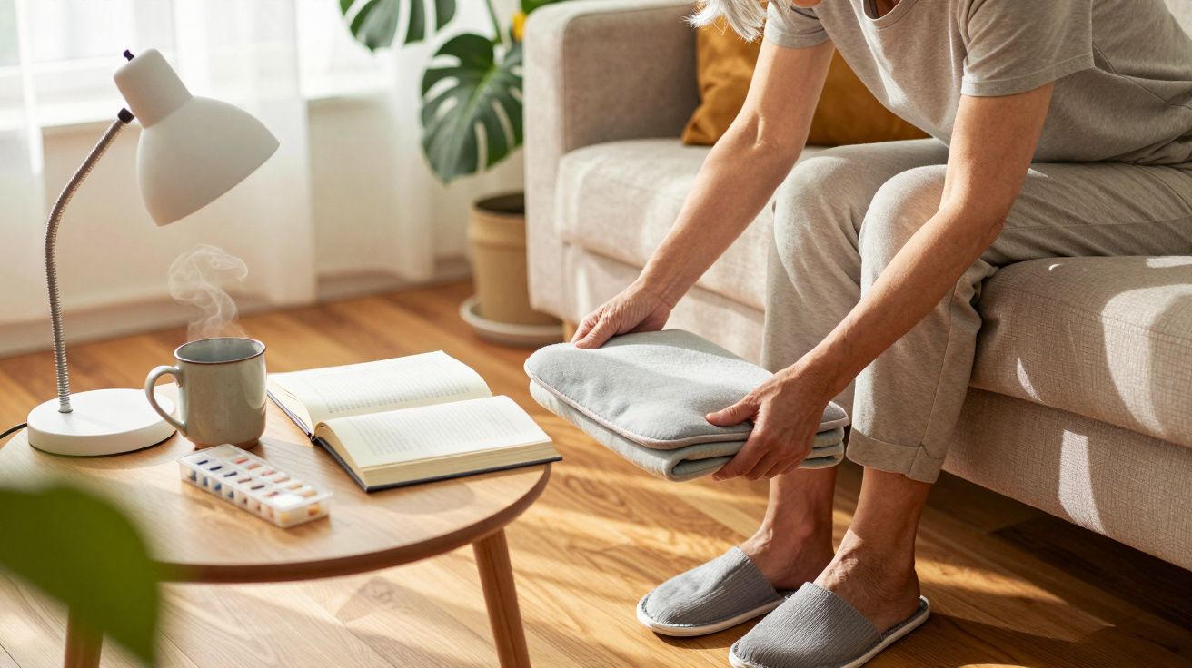Pessoa dobrando roupa numa sala, com chá, livro e medicamentos numa mesa ao lado.
