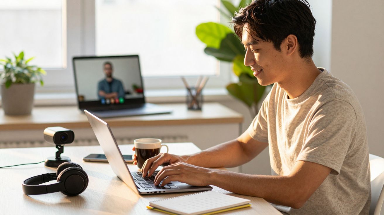 Homem a trabalhar no portátil em casa, com auscultadores e webcam na mesa; videoconferência no ecrã ao fundo.