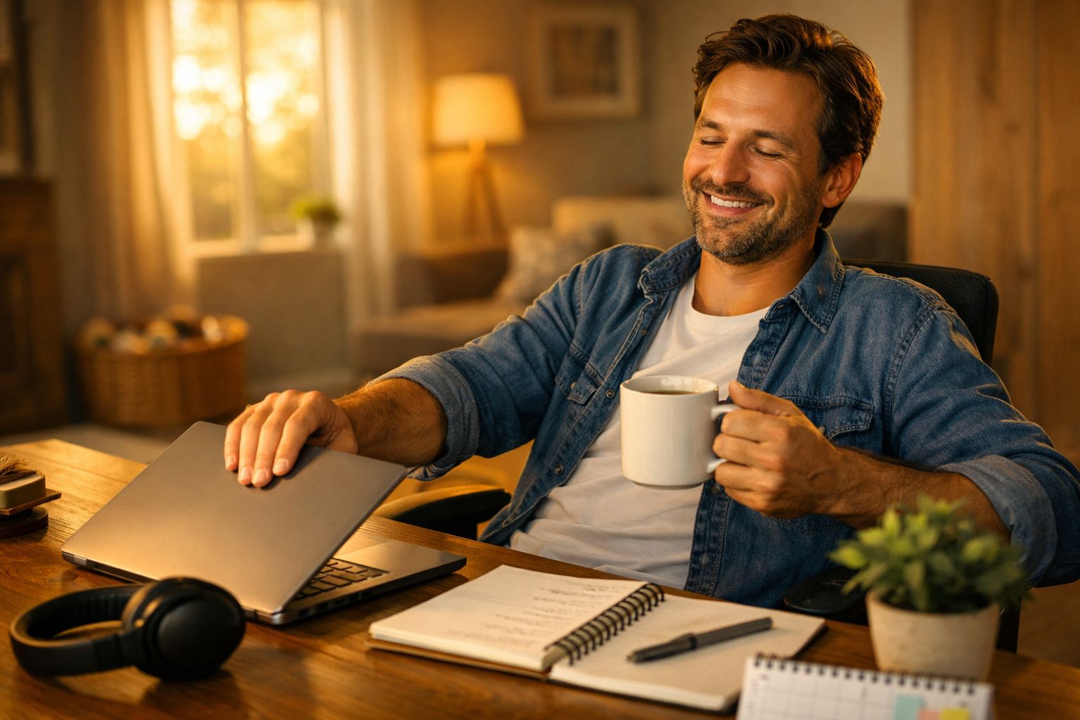 Mulher sorrindo analisa gráfico em folha de papel, sentada à mesa com portátil, caderno, chávena e plantas.