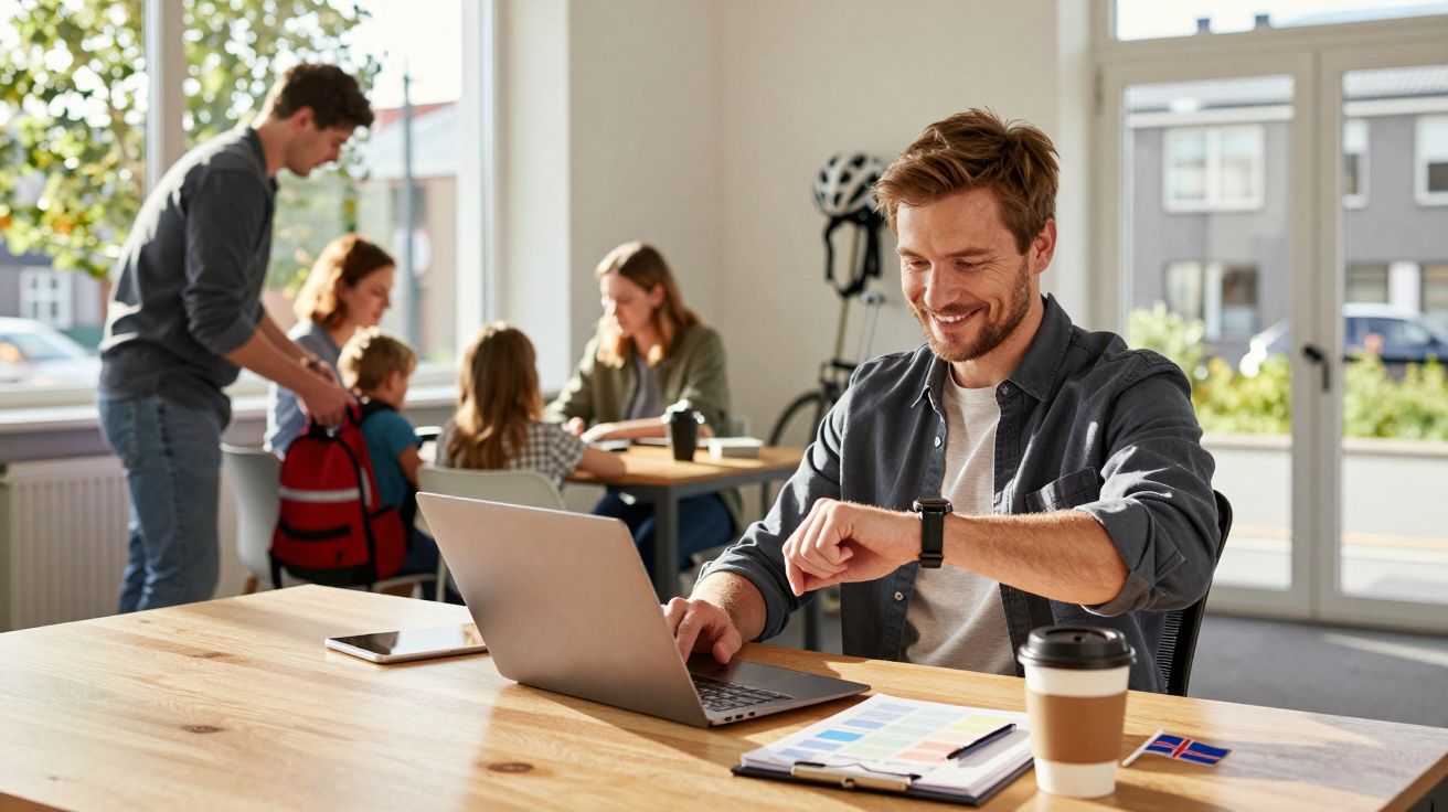 Homem a trabalhar num portátil e a verificar o relógio. Família ao fundo, houver com crianças. Ambiente de sala iluminada.