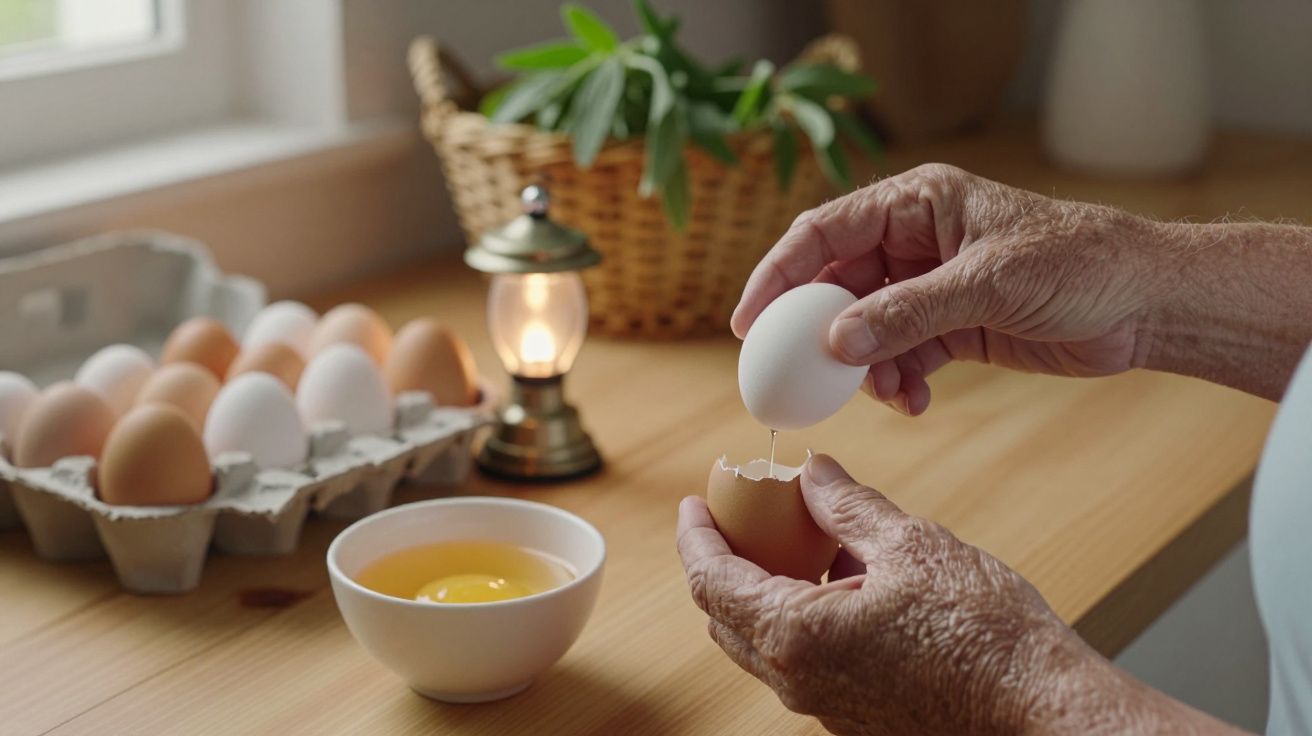 Mãos de pessoa idosa a partir ovo, com ovos prontos em caixa e taça com gema. Luz suave na mesa de madeira.