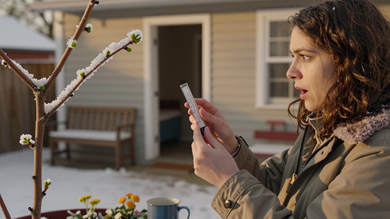 Mulher observa termómetro num jardim coberto de neve, com expressão surpresa. Casa e banco de madeira ao fundo.