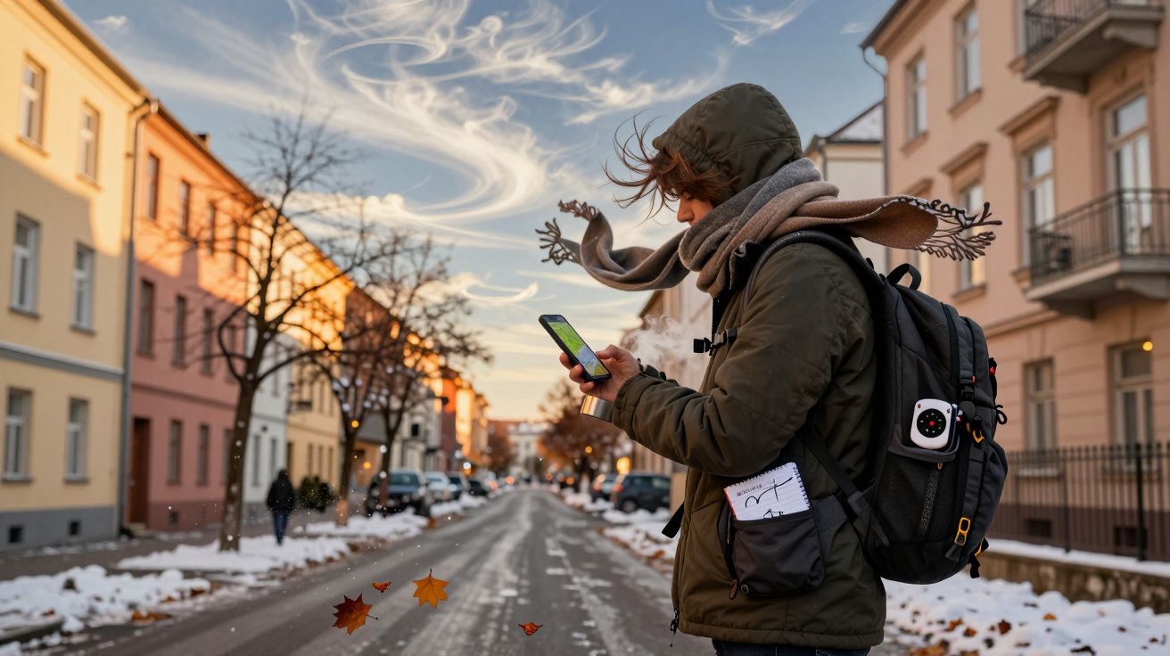 Pessoa com casaco e cachecol usa telemóvel numa rua nevosa, folhas no ar, edifícios coloridos ao fundo.
