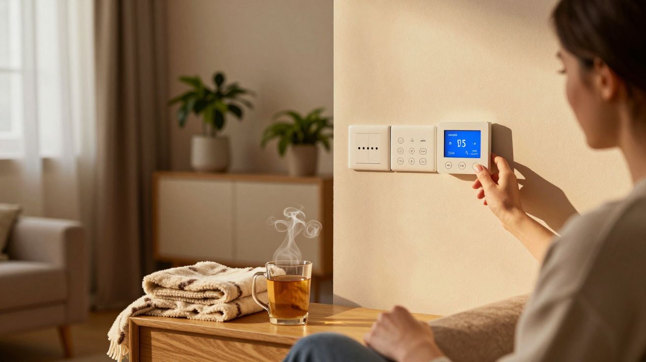 Mulher ajusta termostato na parede; chá e manta na mesa ao lado, numa sala iluminada.