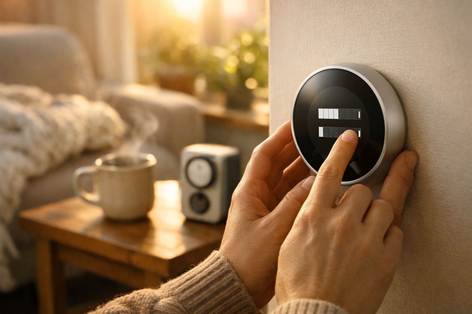 Pessoa ajusta termostato digital numa cozinha moderna com relógio e chávena ao lado.