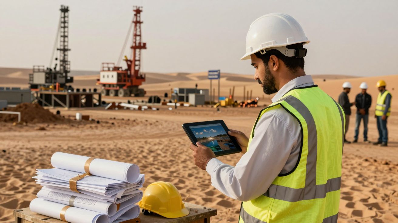 Engenheiro analisa tablet em canteiro de obras no deserto, com capacetes, mapas e trabalhadores ao fundo.