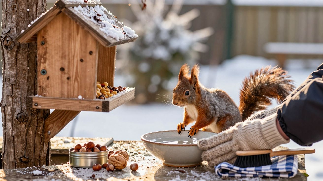 Esquilo no inverno junto a uma pequena casinha de madeira com nozes e uma tigela de água, pessoa com luva ao lado.