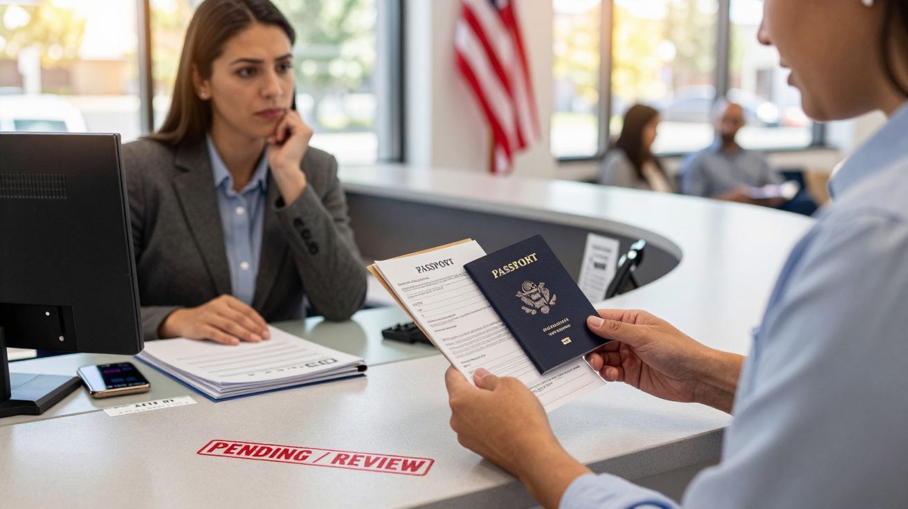 Pessoa revê passaporte e documentos numa repartição pública, com um aviso "PENDING/REVIEW" no balcão.
