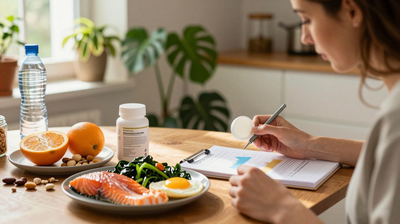 Mulher analisa gráfico com alimentação saudável na mesa: salmão, ovo, algas, citrinos, frutos secos e água.