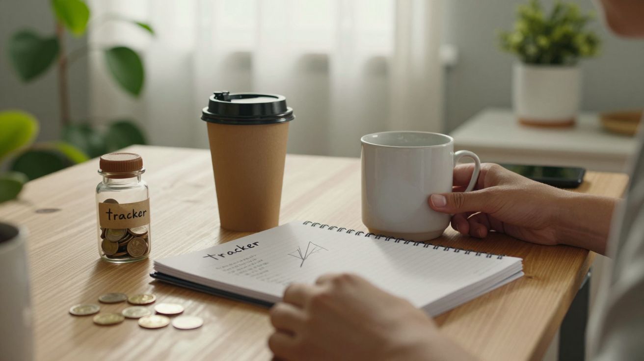 Pessoa segura chávena, com bloco de notas, moedas e frasco "tracker" na mesa de madeira iluminada por luz natural.