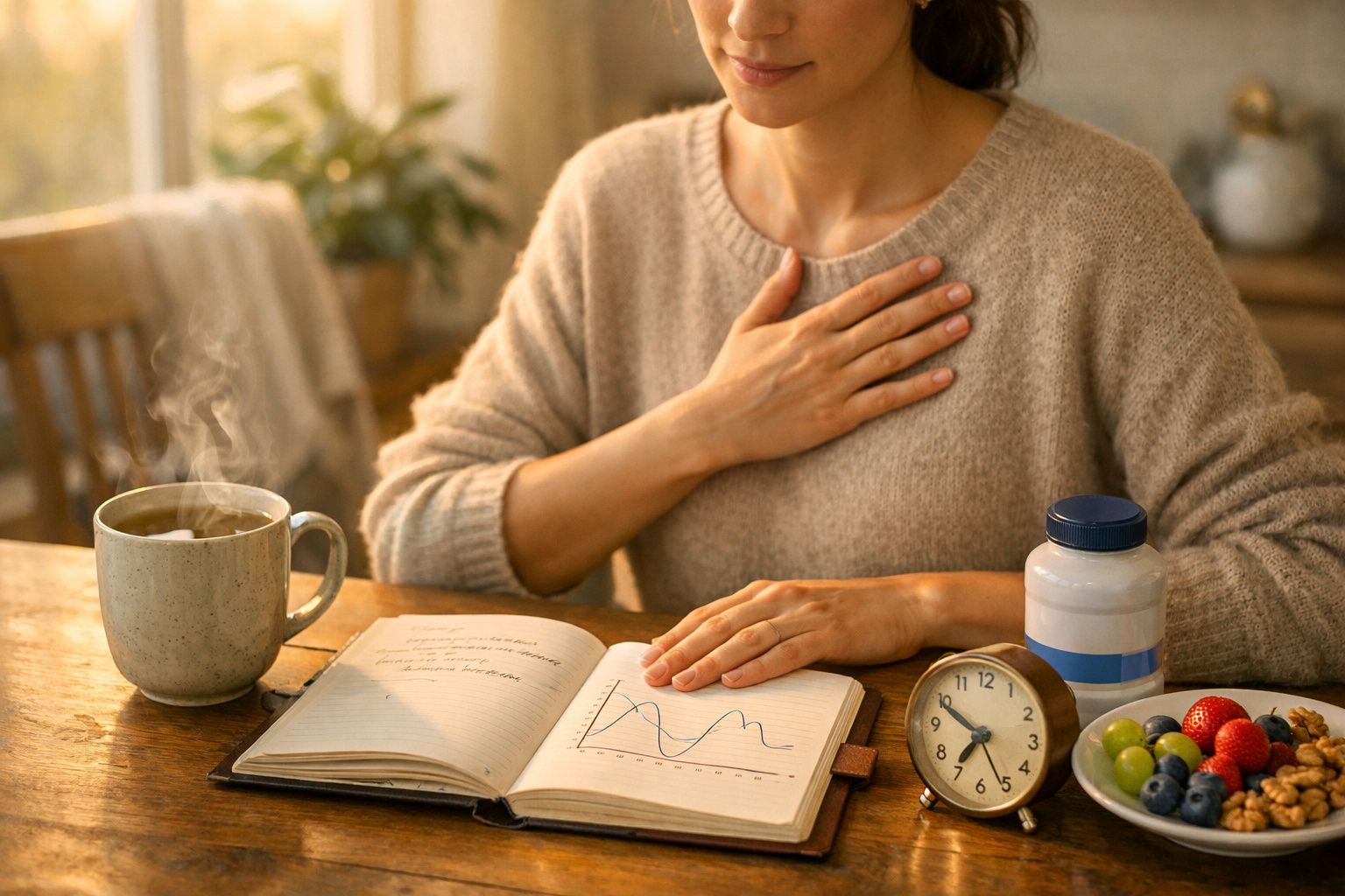 Mulher meditando com mãos no peito, olhos fechados, num ambiente relaxante com fruta, chá e caderno na mesa.