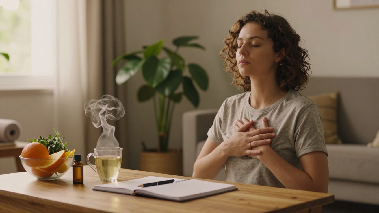 Mulher relaxando com chá, mãos no peito, diante de mesa com frutas, caderno e plantas ao fundo.