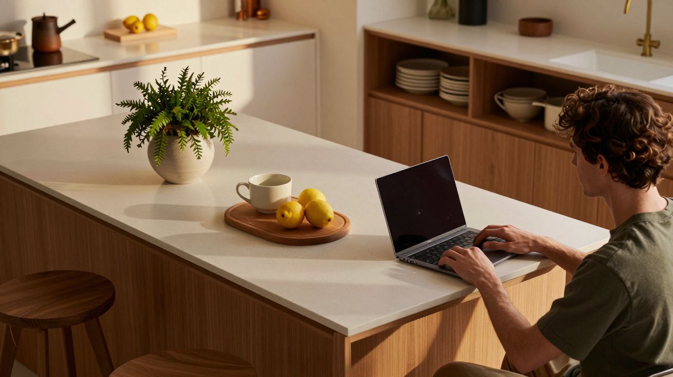 Homem a trabalhar num portátil numa cozinha moderna, com planta e frutas na bancada iluminada pelo sol.