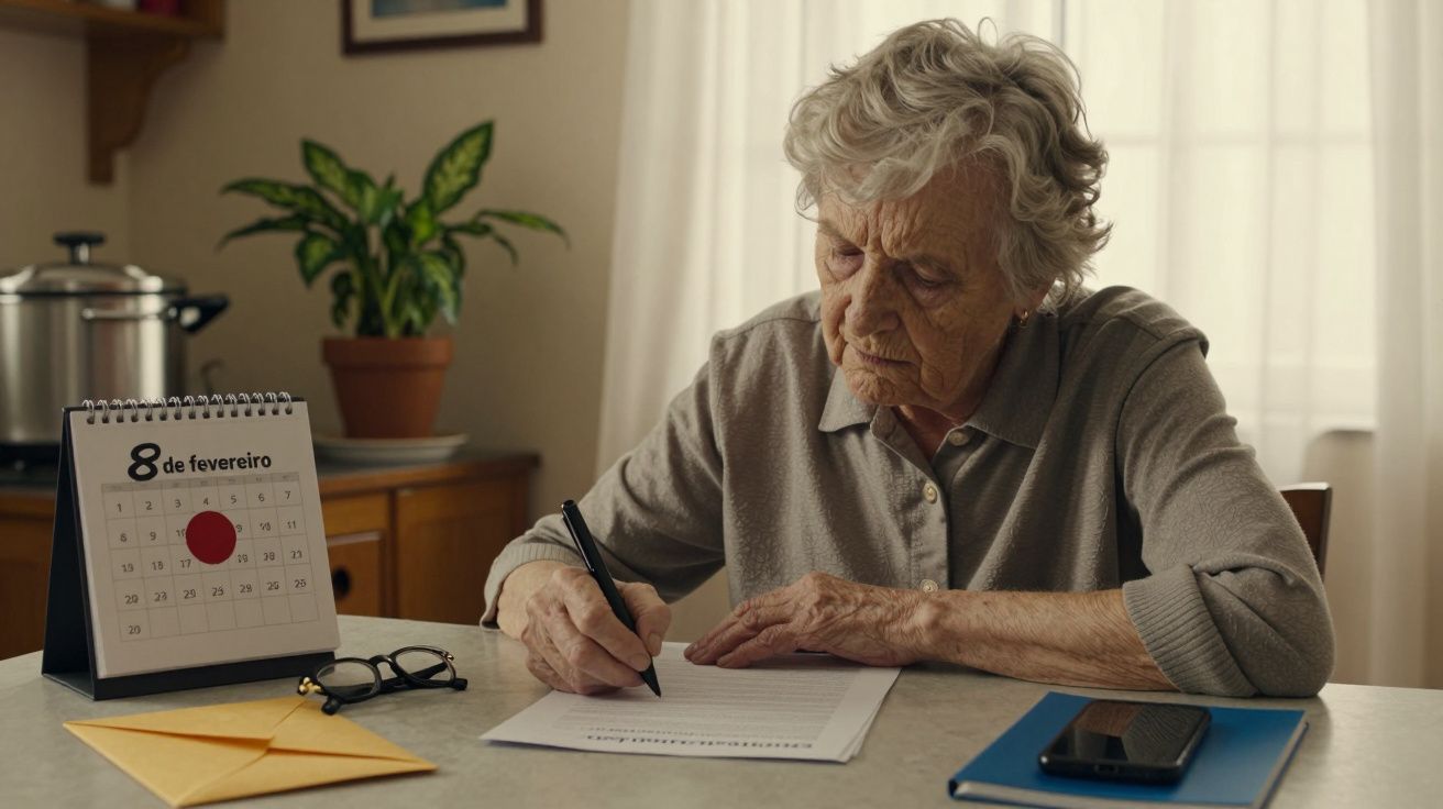 Idosa escreve à mesa com calendário de 8 de fevereiro ao lado, junto a óculos e planta ao fundo.