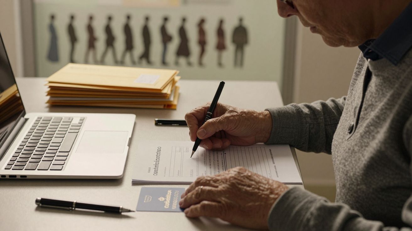 Homem escreve em documentos numa mesa com portátil e envelopes, contra uma parede com silhuetas de pessoas ao fundo.