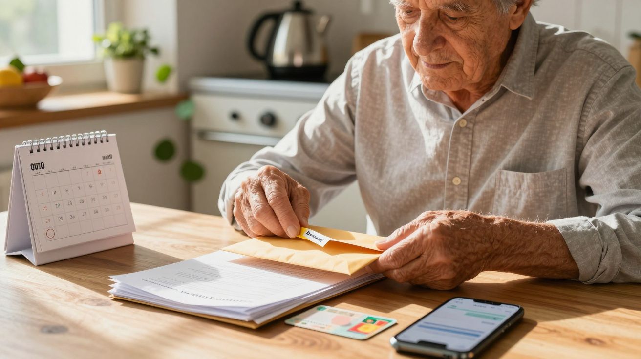 Idoso sentado à mesa, abrindo envelope com documentos. Telefone e calendário de outubro sobre a mesa.