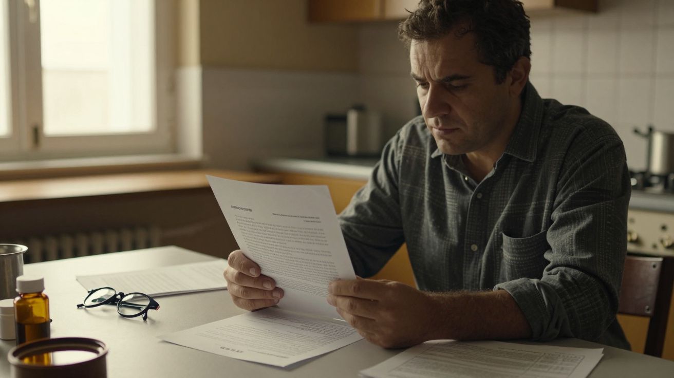 Homem a ler documentos sentado à mesa na cozinha, com óculos e frasco de remédios ao lado.