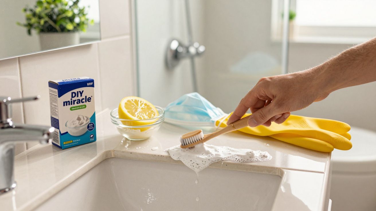 Mão a limpar bancada de casa de banho com escova, limão e produto de limpeza. Luvas amarelas ao fundo.