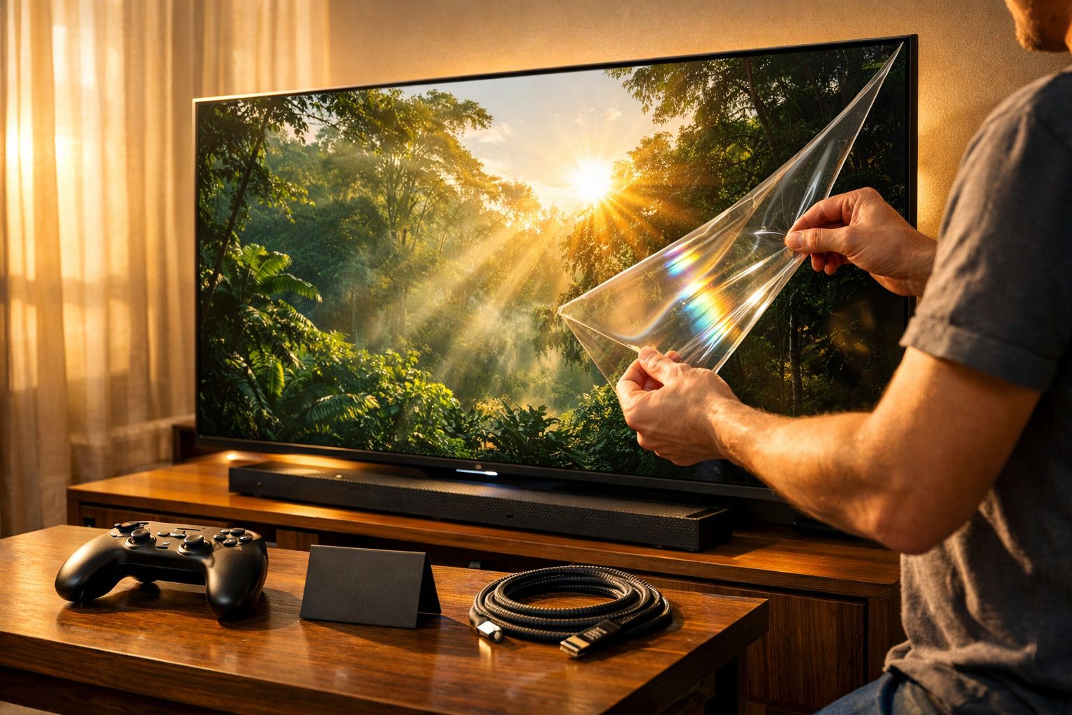 Duas pessoas numa sala, a ver paisagem montanhosa num ecrã de TV, com comandos de jogo sobre a mesa de madeira.