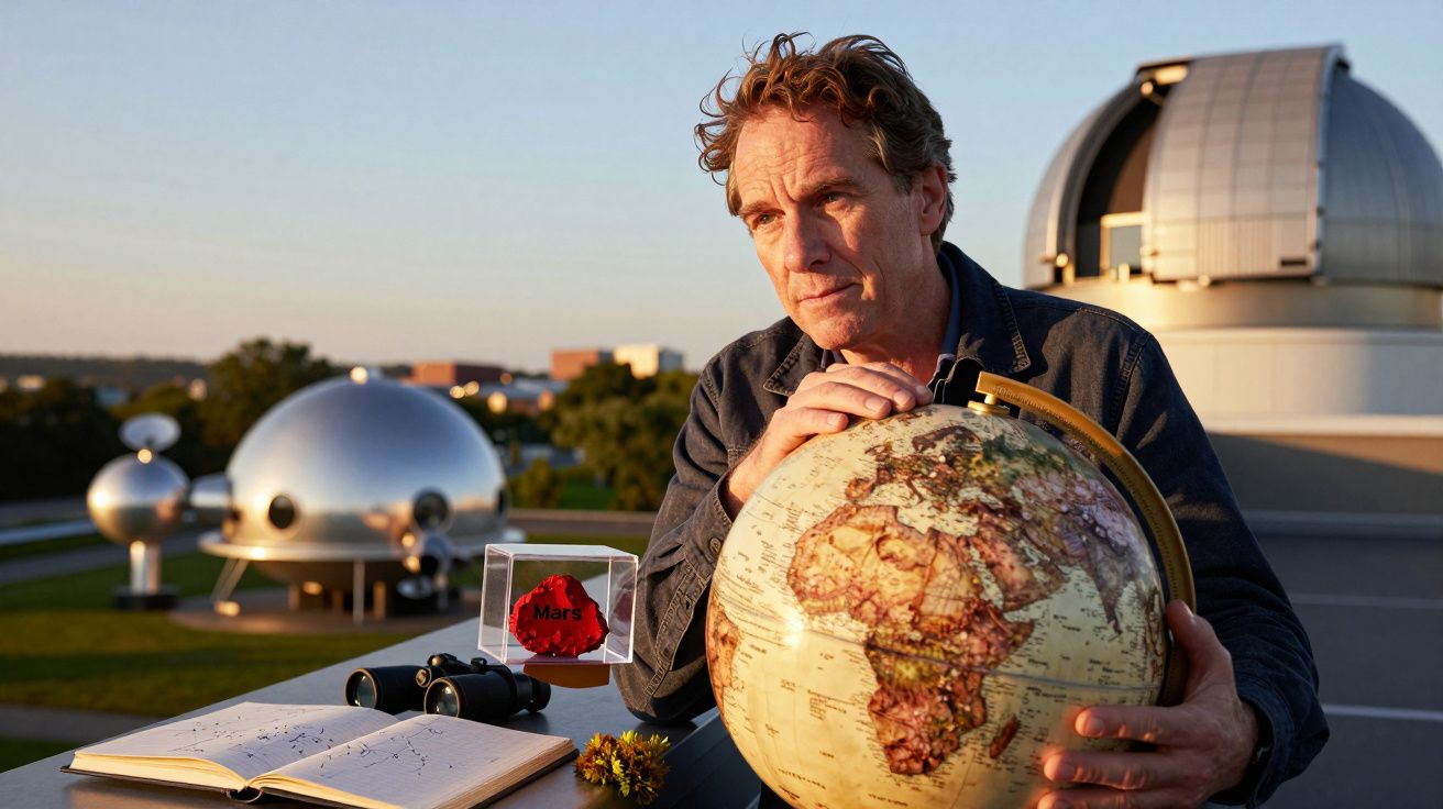 Homem segurando um globo terrestre numa plataforma de observatório, com cúpulas e céu azul ao fundo.