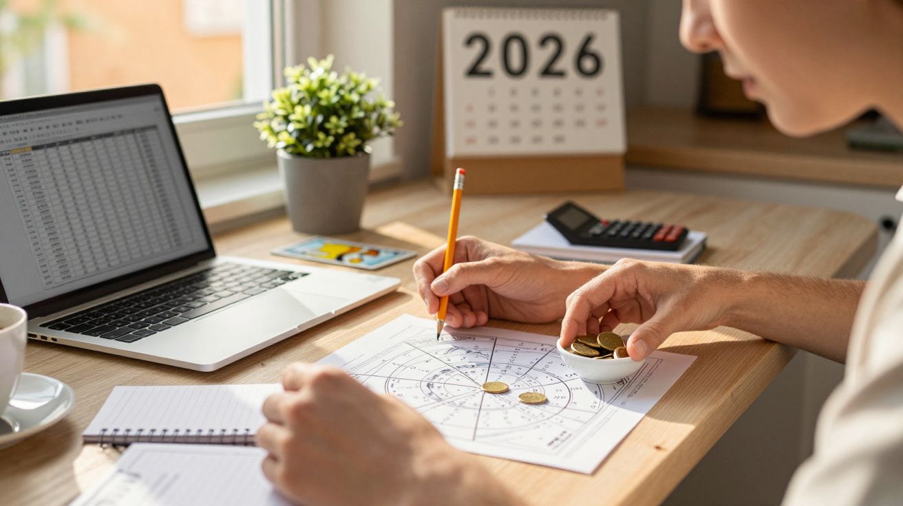 Pessoa a analisar gráfico com moedas sobre uma secretária, computador portátil, calendário 2026 e calculadora ao fundo.