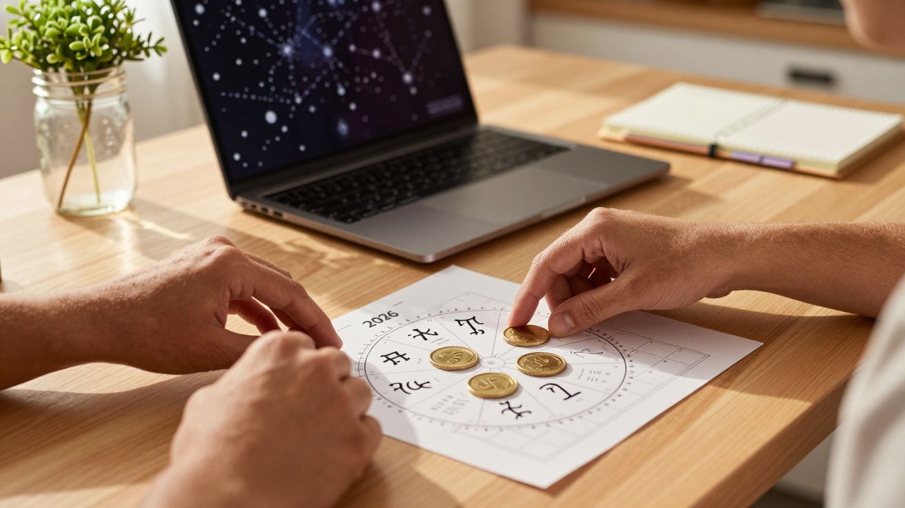 Duas pessoas a analisarem um mapa astral no computador, com moedas colocadas sobre um gráfico astrológico na mesa.