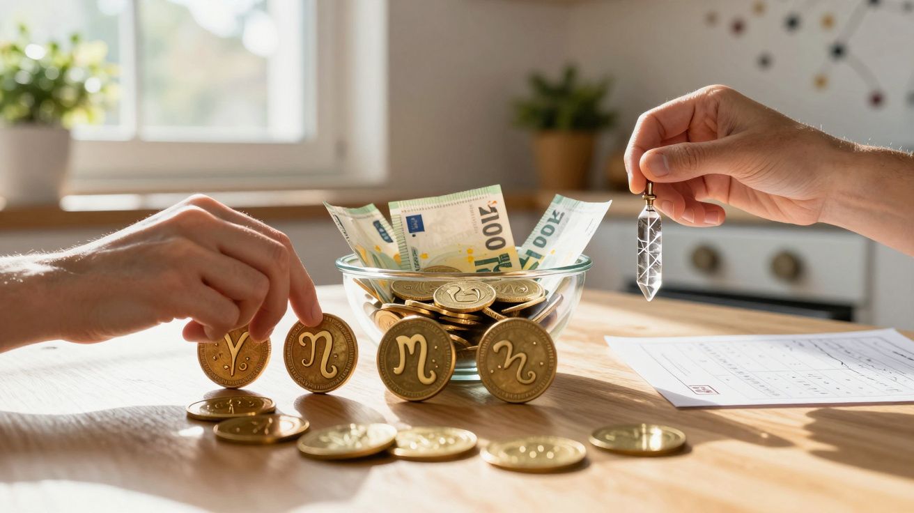 Mãos seguram moedas e pêndulo sobre uma mesa, com notas de euro num recipiente de vidro ao fundo.