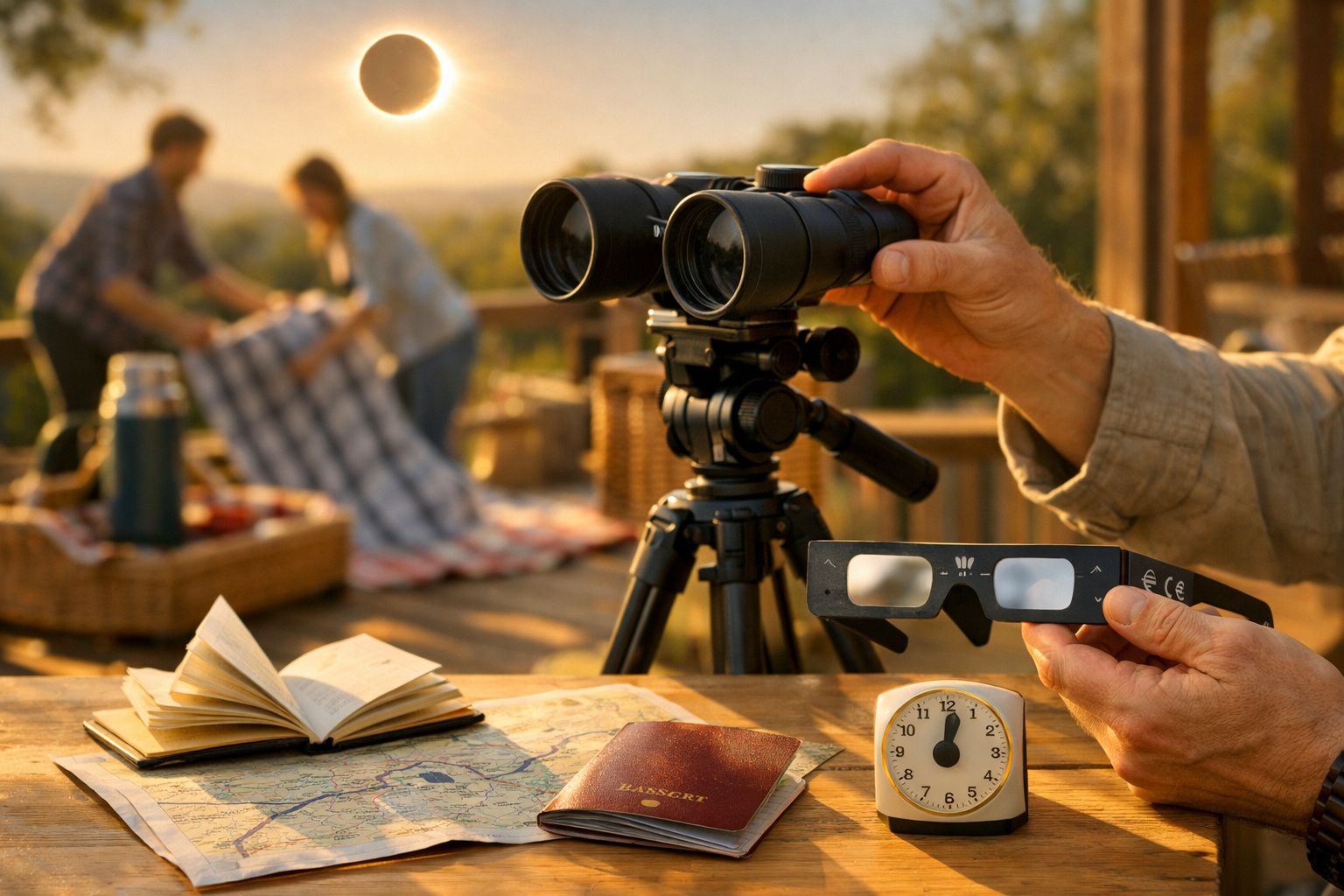 Família a planear observação de estrelas numa mesa, com mapas, mochila e chávena de chá.