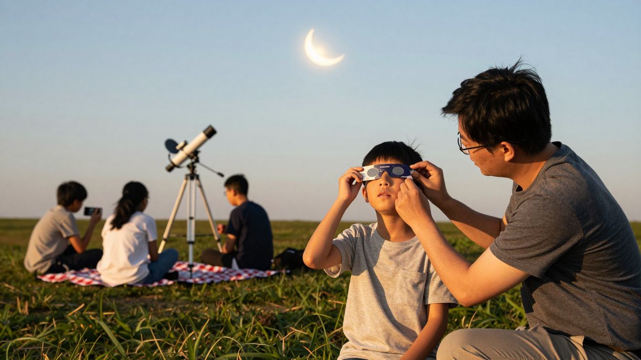 Pai ajuda filho a ajustar os óculos de eclipse, enquanto grupo observa o céu com telescópio num campo aberto.