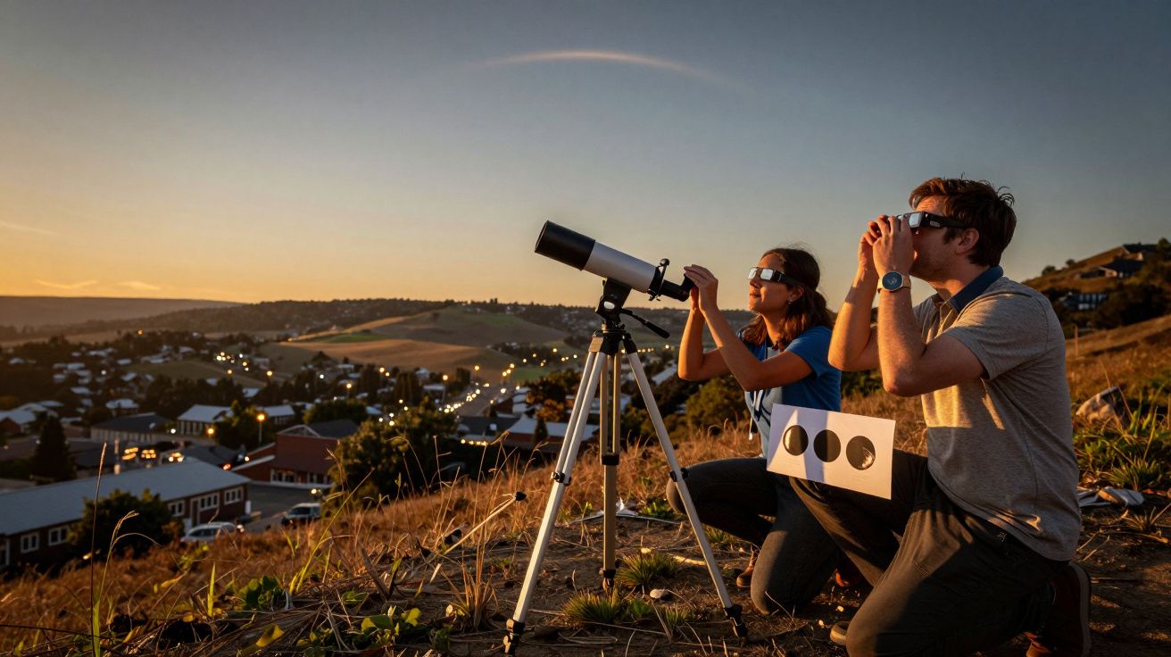 Duas pessoas observam o céu com um telescópio e óculos de proteção ao anoitecer, numa colina sobre uma cidade.