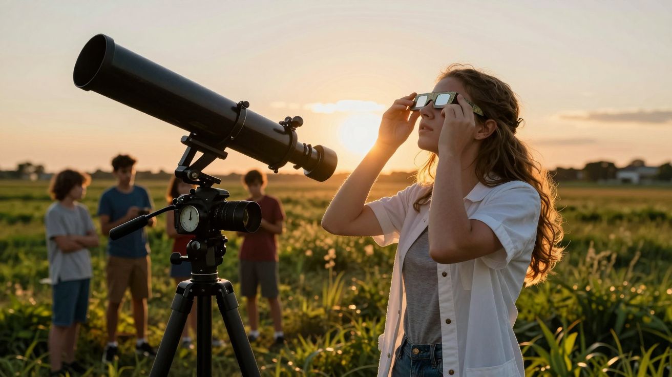 Jovem observa através de óculos perto de telescópio ao pôr do sol, com outros jovens no campo ao fundo.