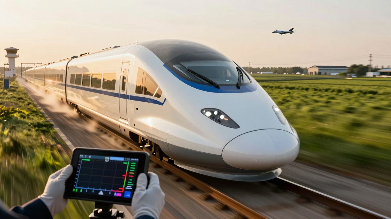 Trem de alta velocidade passando em campo, com dispositivo de monitorização em primeiro plano e avião a sobrevoar.