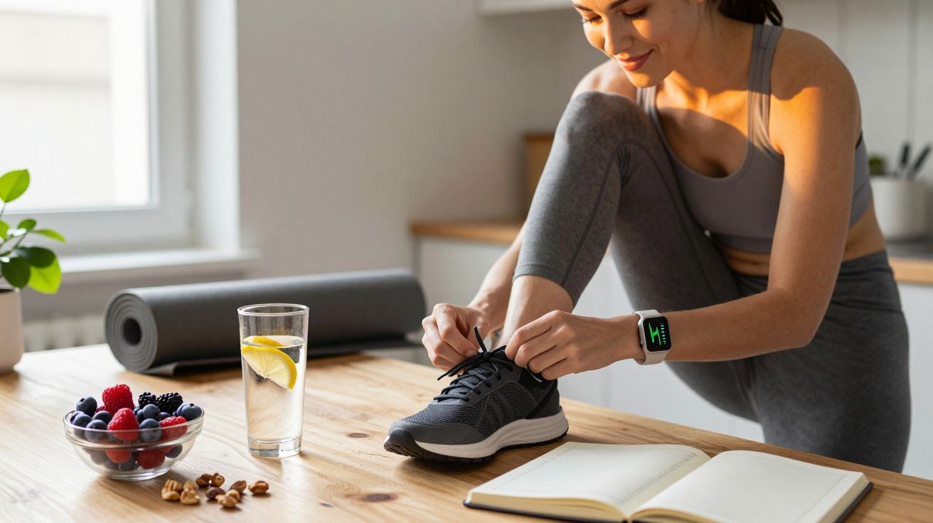 Mulher amarra ténis ao lado de prato com frutas, copo de água e bloco de notas sobre uma mesa de madeira.