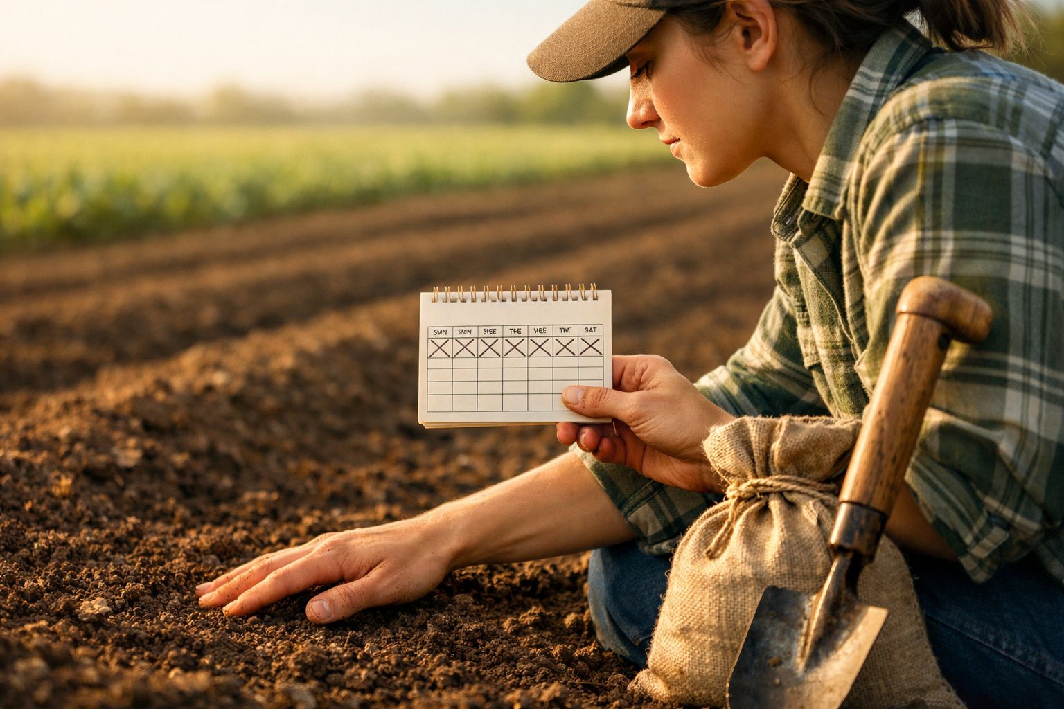 Homem ajoelhado em campo lavrado a inspeccionar solo, com pá, caderno aberto e saco de sementes ao lado, trator ao fundo.