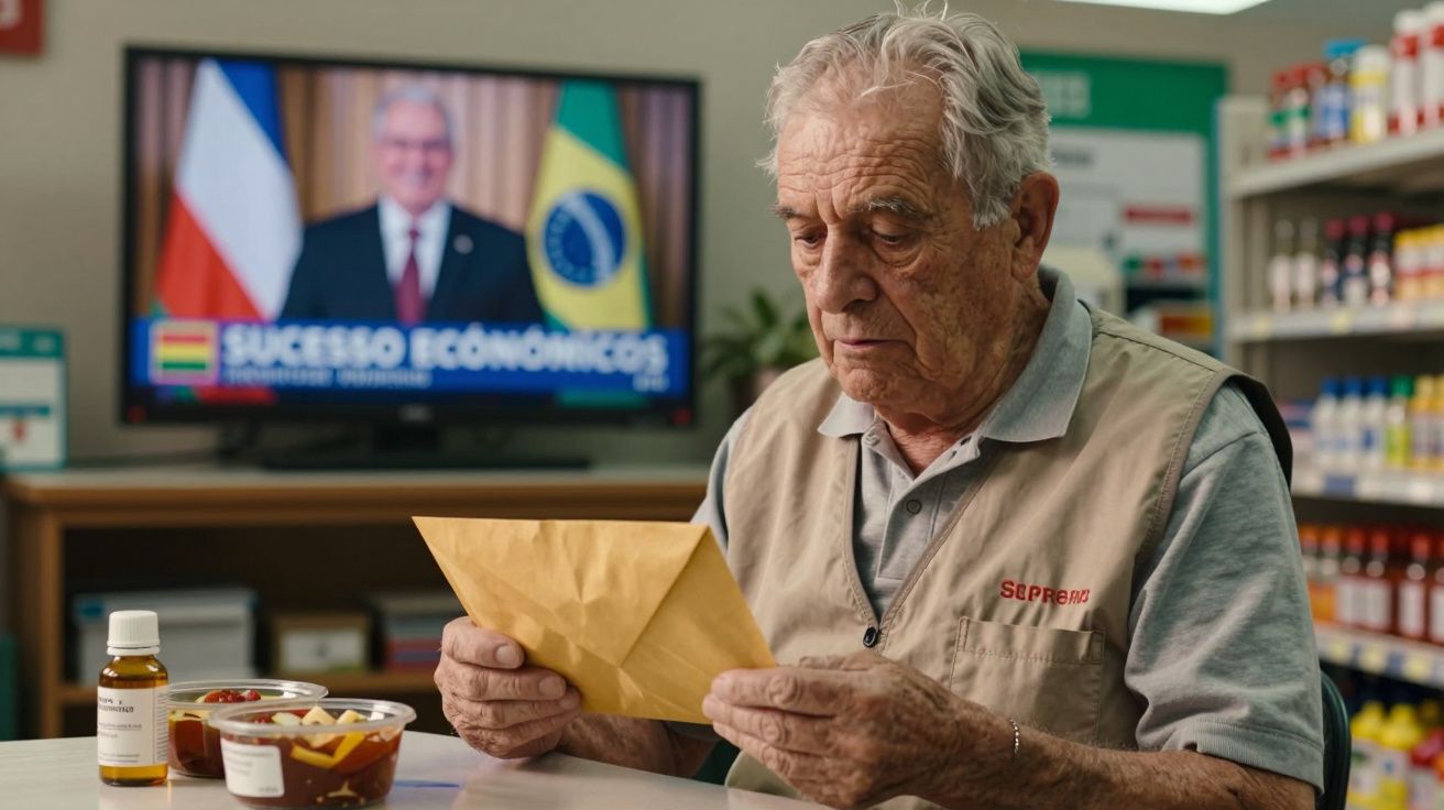 Homem idoso sentado em loja, segurando envelope. Televisão ao fundo mostra discurso político com bandeira brasileira.