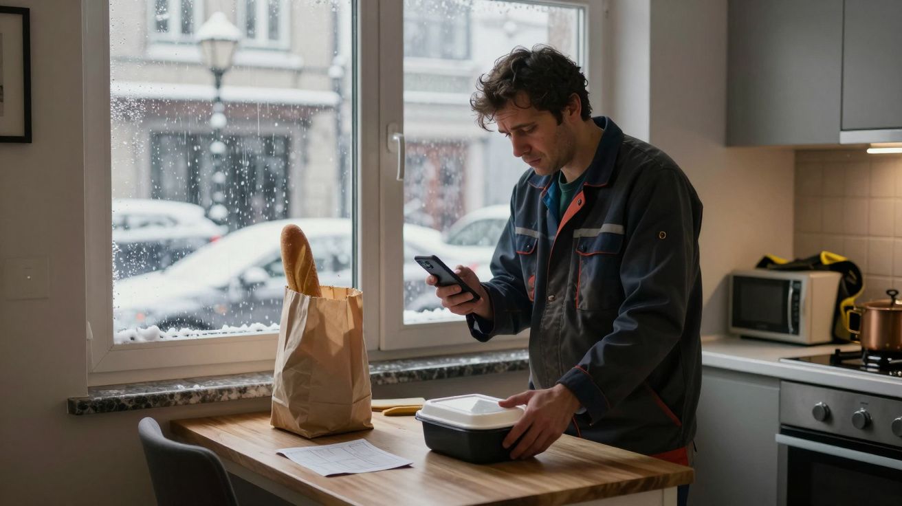 Homem consulta smartphone numa cozinha durante um dia de neve, ao lado de um saco de papel com baguete e recipiente.