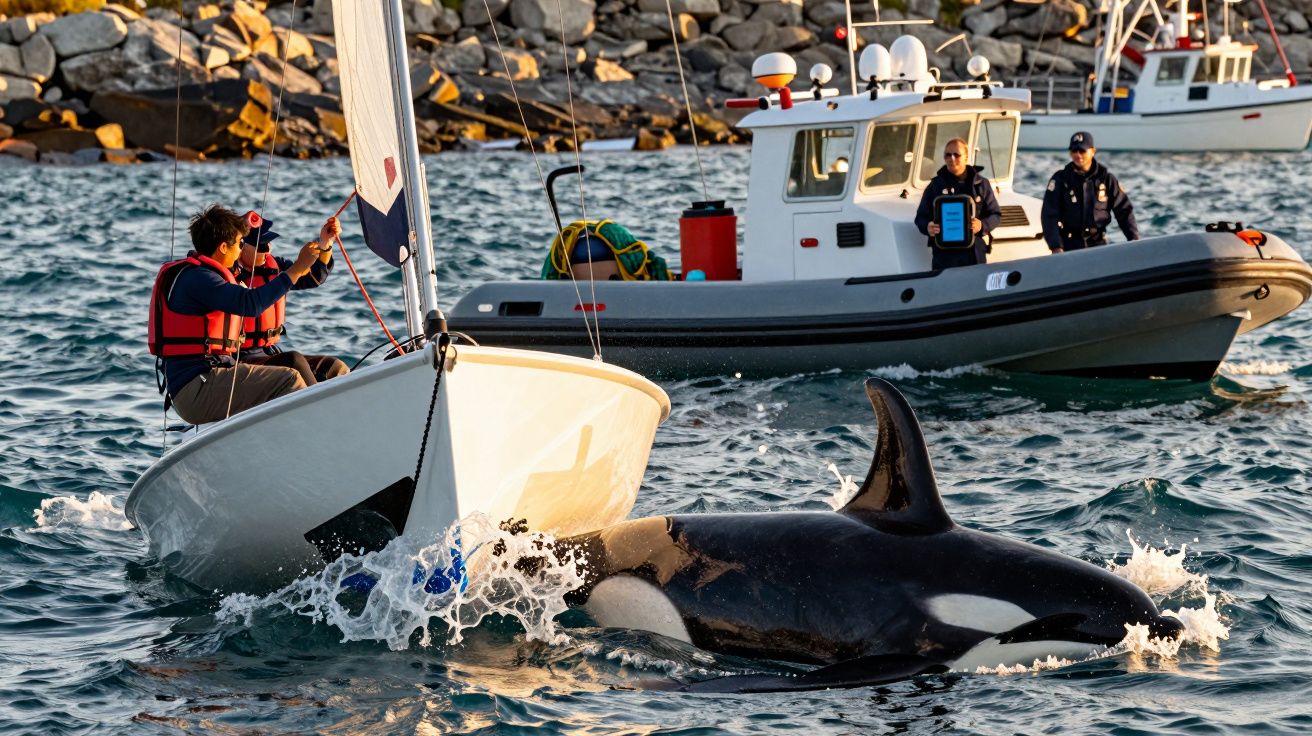 Orca perto de veleiro com uma lancha ao fundo e pessoas a observar na água perto de um cais rochoso.
