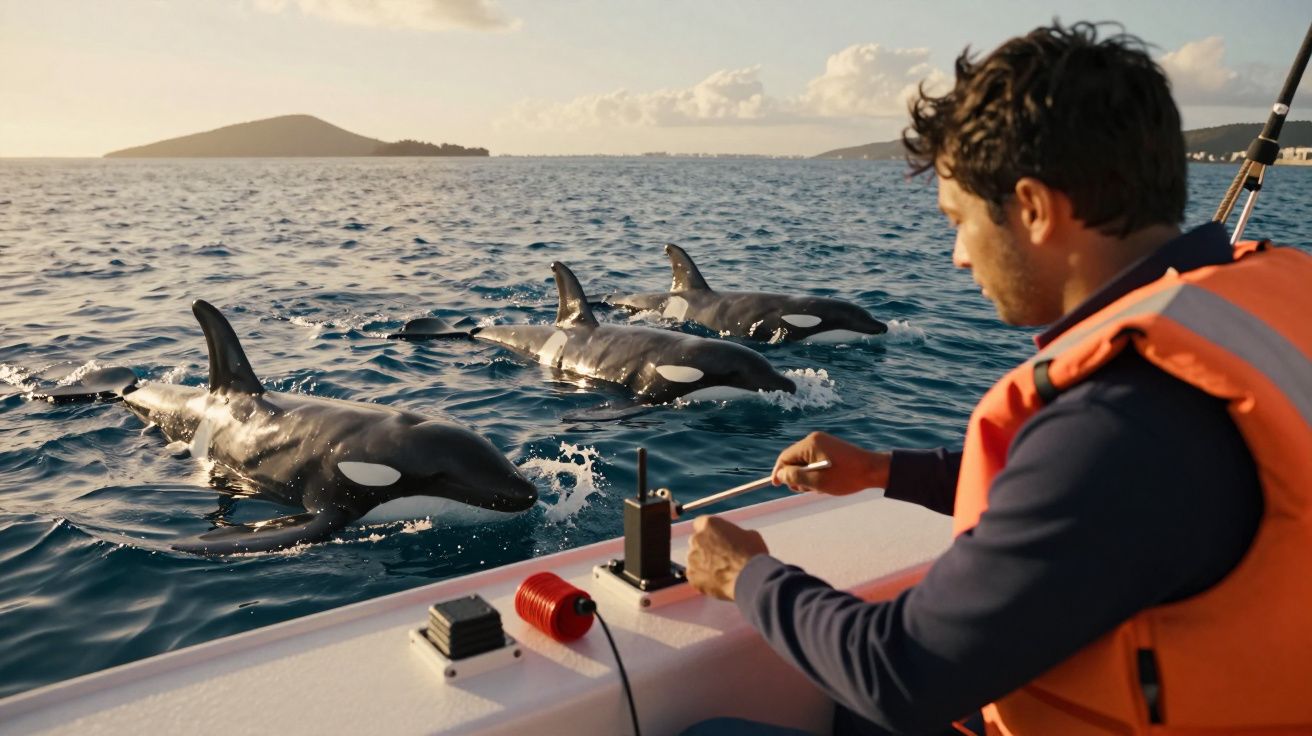 Homem num barco observa duas orcas a nadar perto da costa ao pôr do sol.