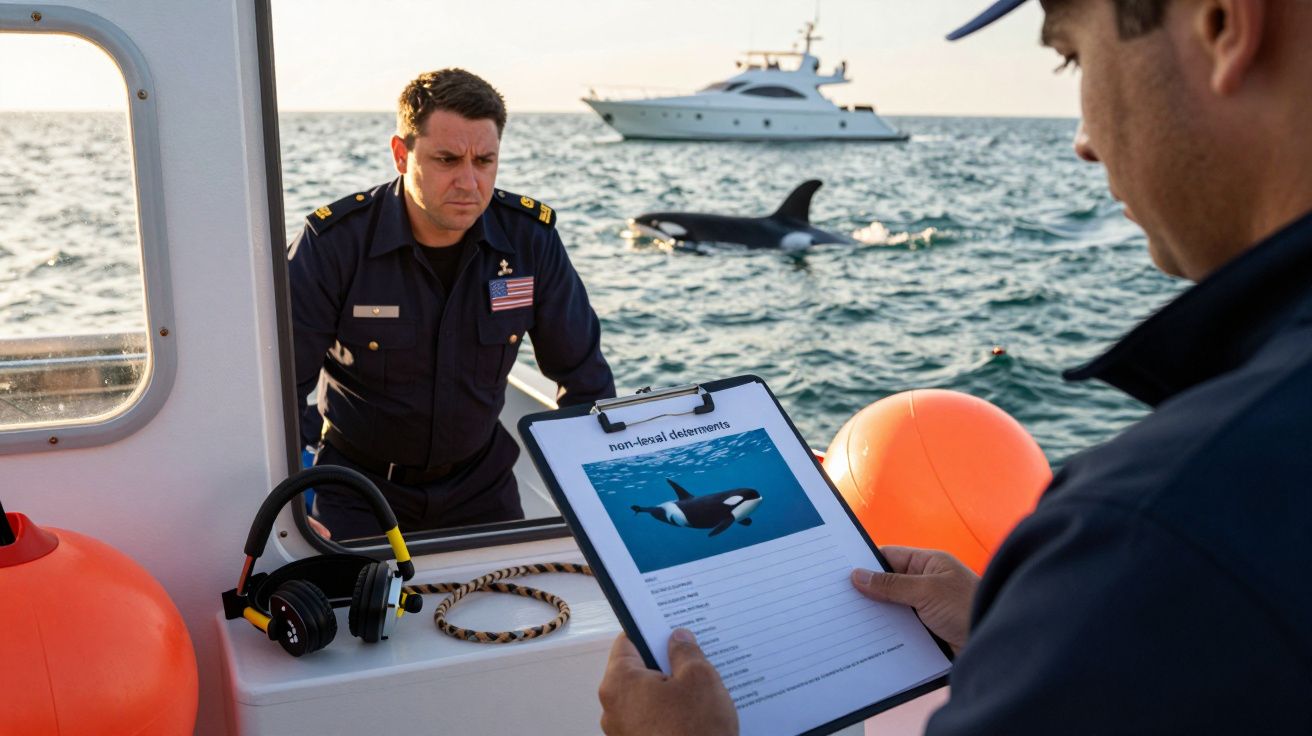 Dois homens num barco observam uma orca no mar, com uma lista na mão e iate ao fundo.